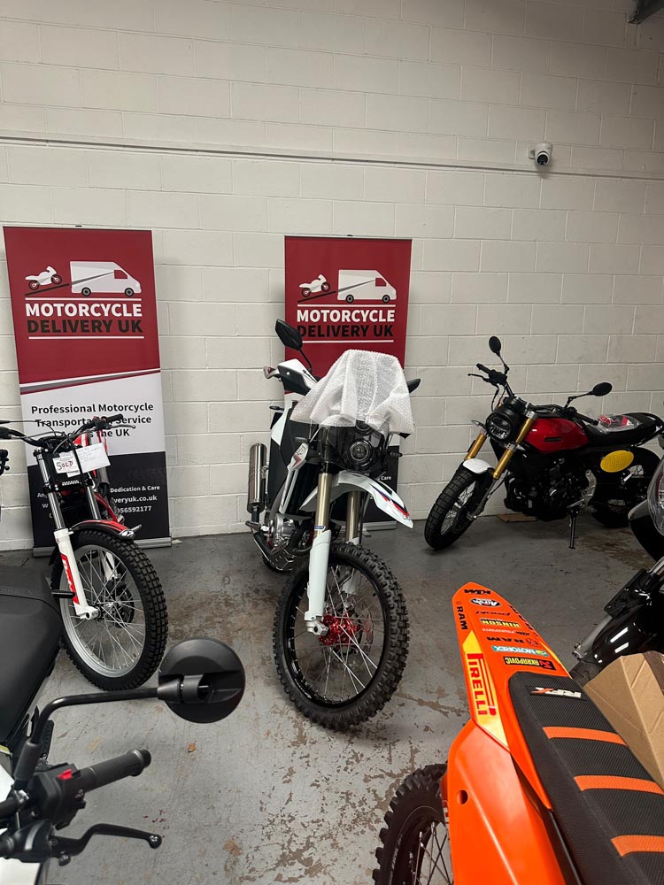 Motorcycles stored indoors at the Motorcycle Delivery UK storage facility