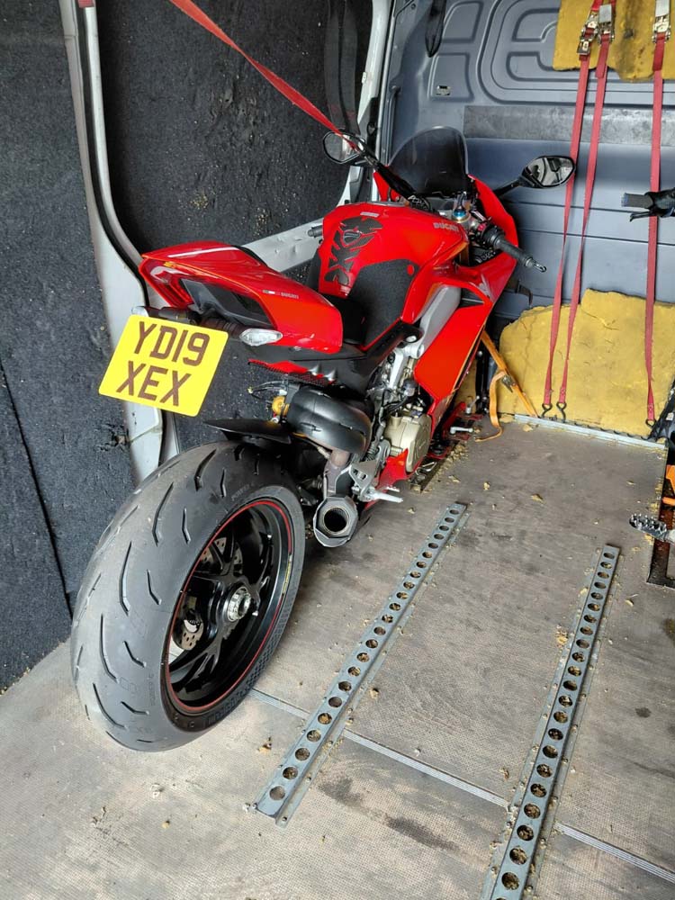 Motorcycle Transport Scotland. a customers bike photo secured in our custom van