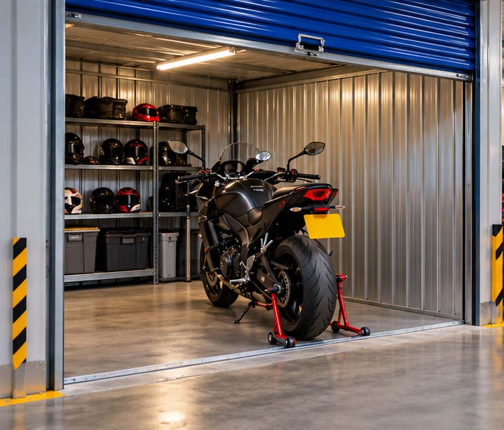 Motorcycle parked inside an enclosed lock-up storage unit with a roller shutter door